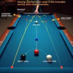 8 Ball Pool Tool Pro Aiming Assistance: Screenshot of the in-game aiming assistance feature, showing extended guidelines and predicted ball trajectory.