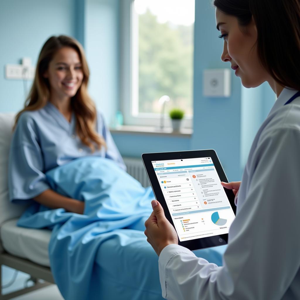 Acute Care Assessment ICM: Patient undergoing initial evaluation by a healthcare professional using a digital tablet.