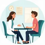 Adolescent depression screening in primary care: A doctor talks with a teenage patient about their mental health.