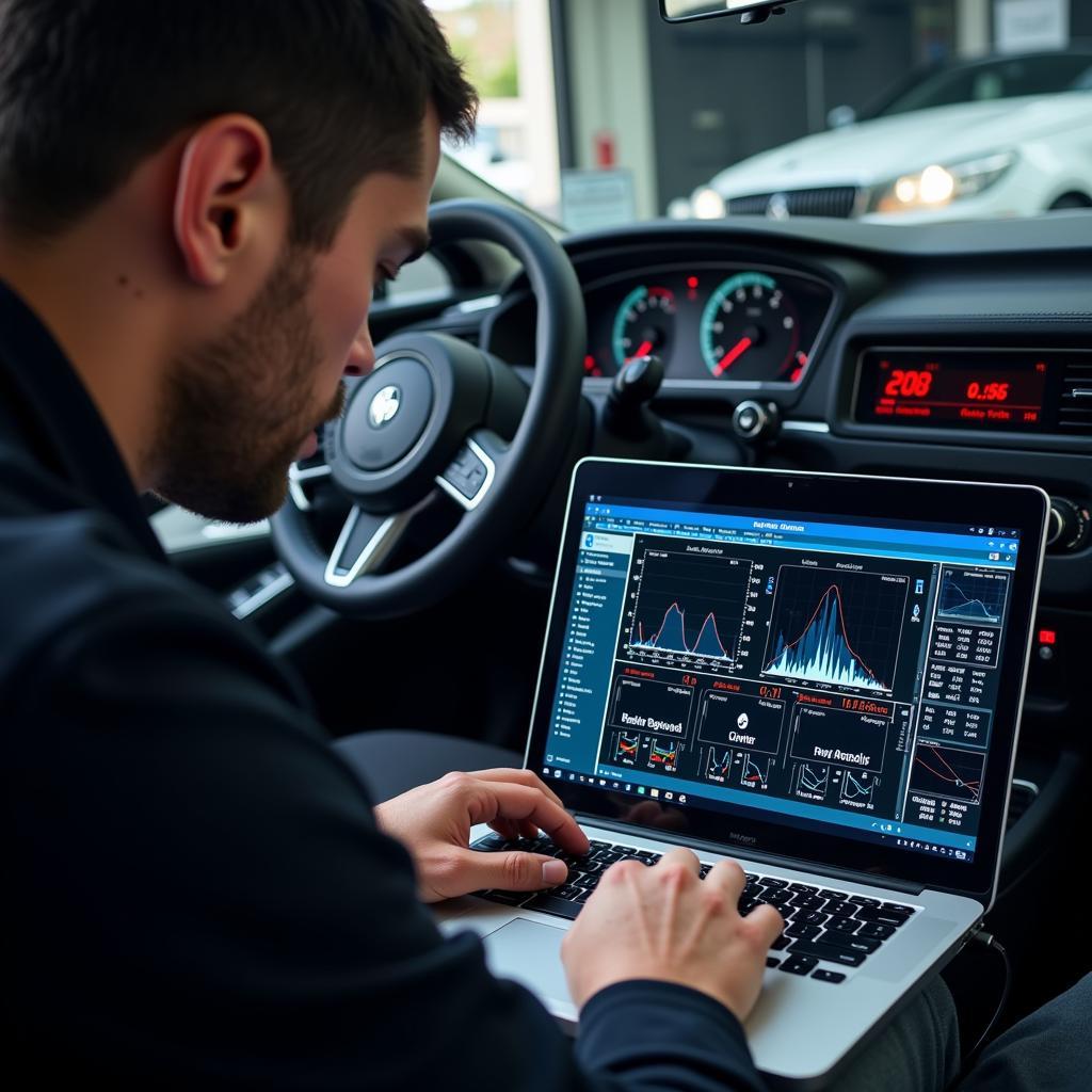 Mechanic Using Advanced Car Diagnostic Software on a Laptop