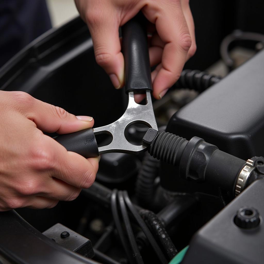 Mechanic using an air vacuum hose spreader tool to disconnect a hose from a radiator.