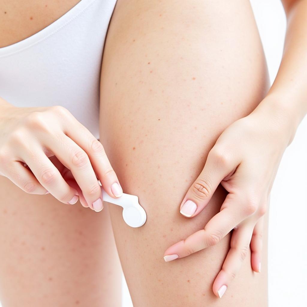 A person using the Angel Kiss Body Skin Care Wand Tool on their leg.