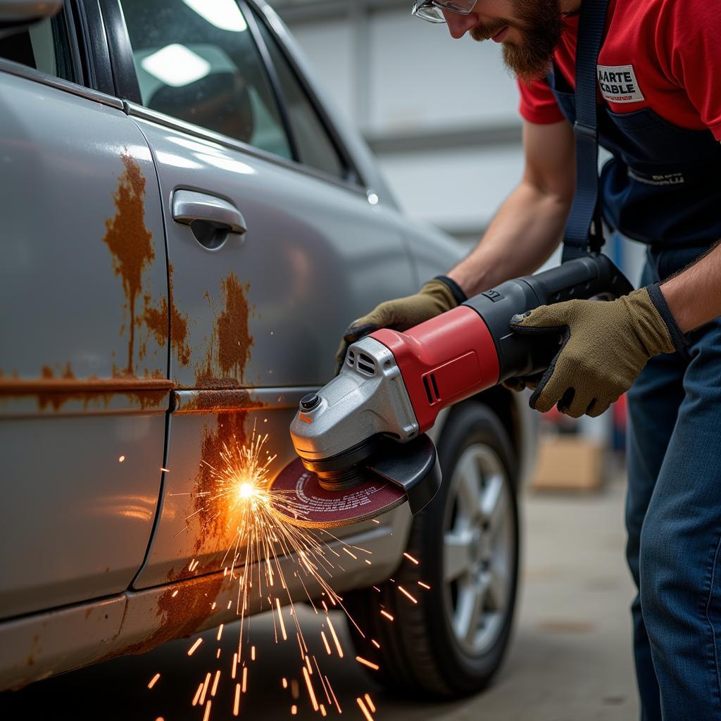 Angle grinder being used on car bodywork