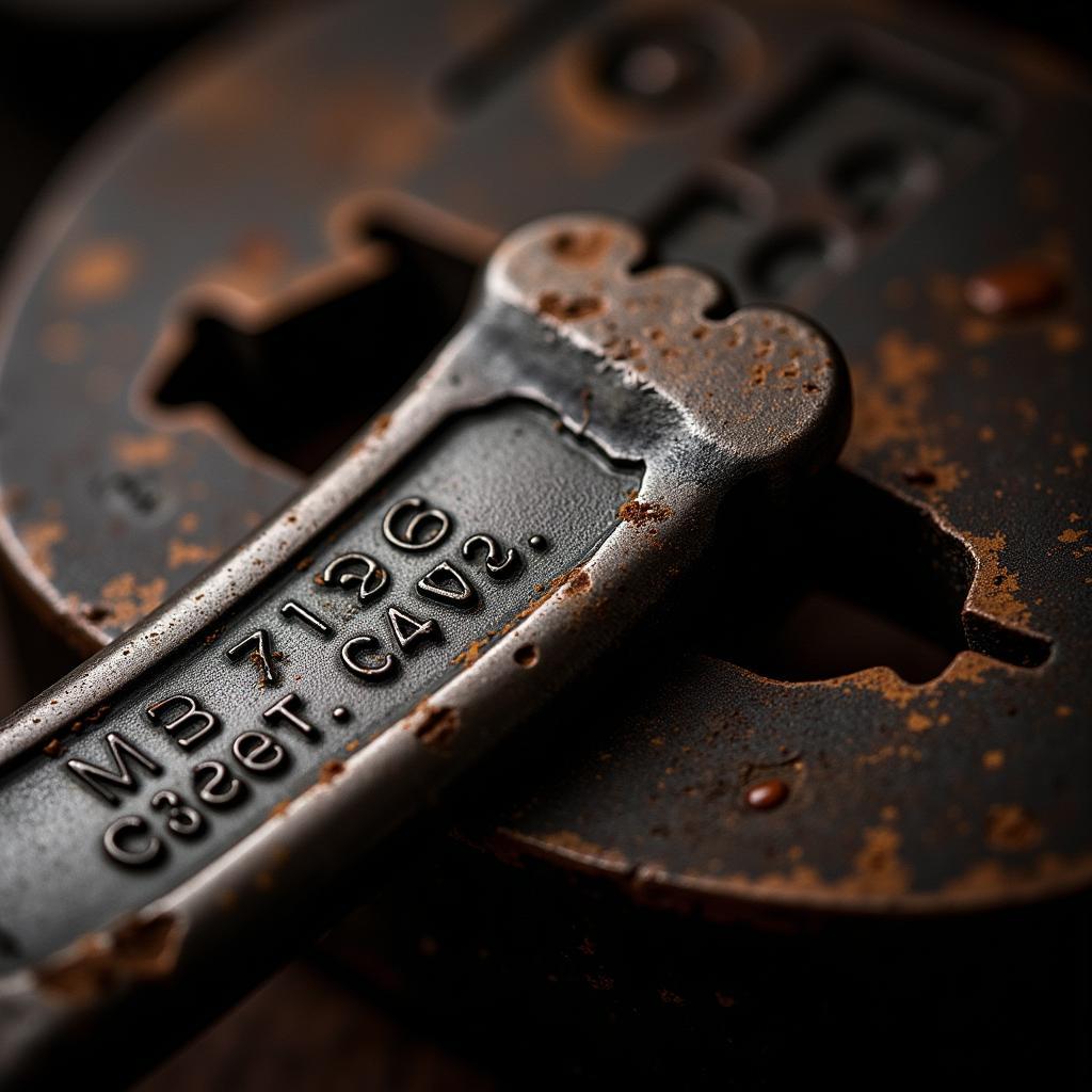 Close-up of markings and stamps on an antique car tool, used for identification.