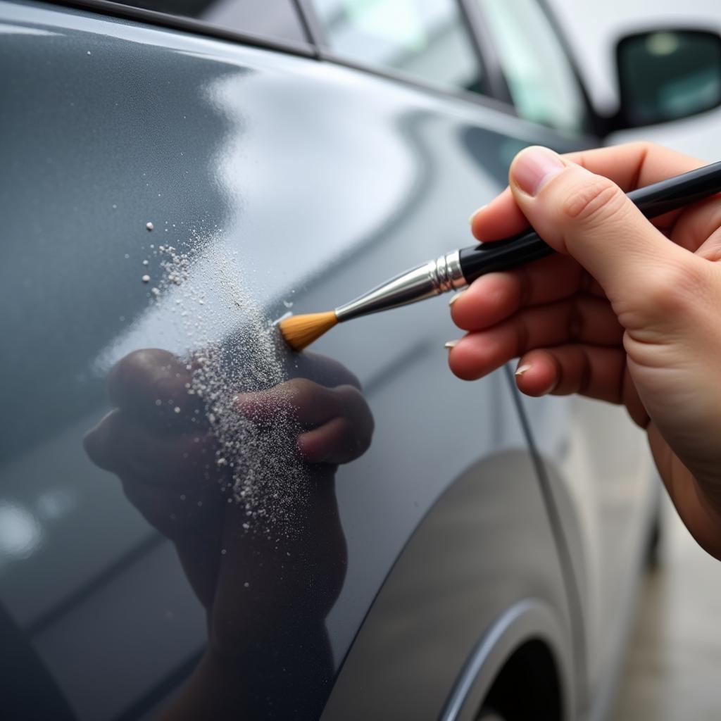 Applying touch-up paint to a car scratch using a fine-tipped brush.