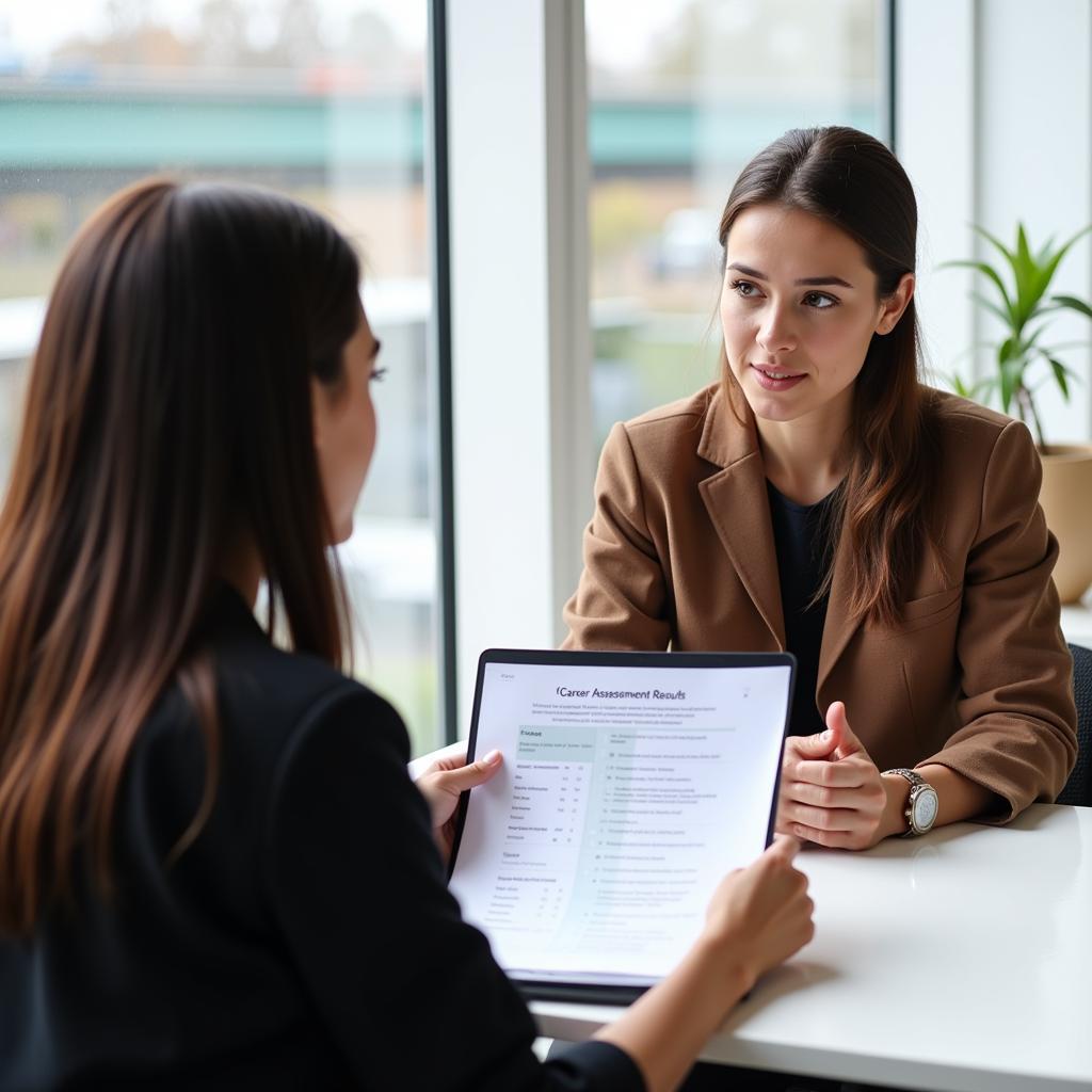 An individual reviews their career assessment results with a career counsellor.