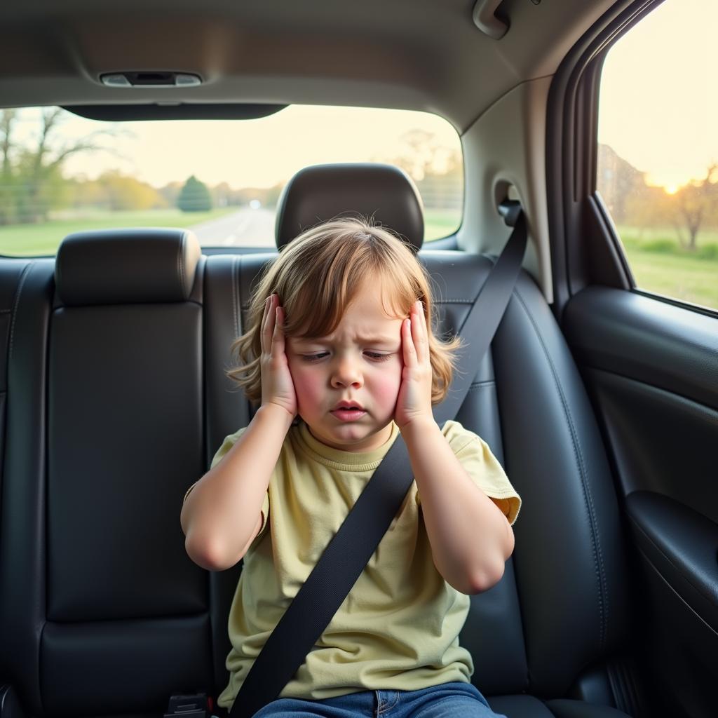 A child experiencing sensory overload in a car, covering their ears and showing signs of distress