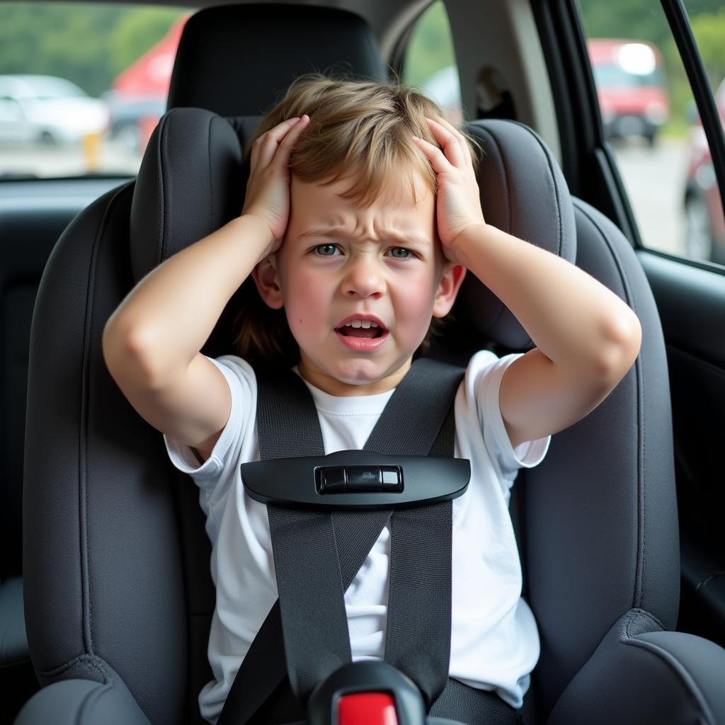 An autistic child in a car exhibiting signs of discomfort related to sensory triggers, such as covering their ears and pulling at their seatbelt.