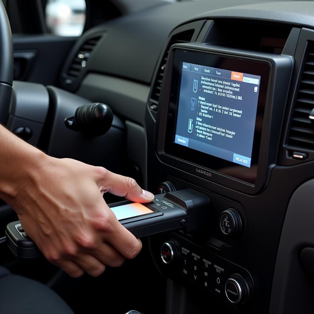 Technician using an auto car diagnostic scanner tool connected to the OBD-II port of a vehicle