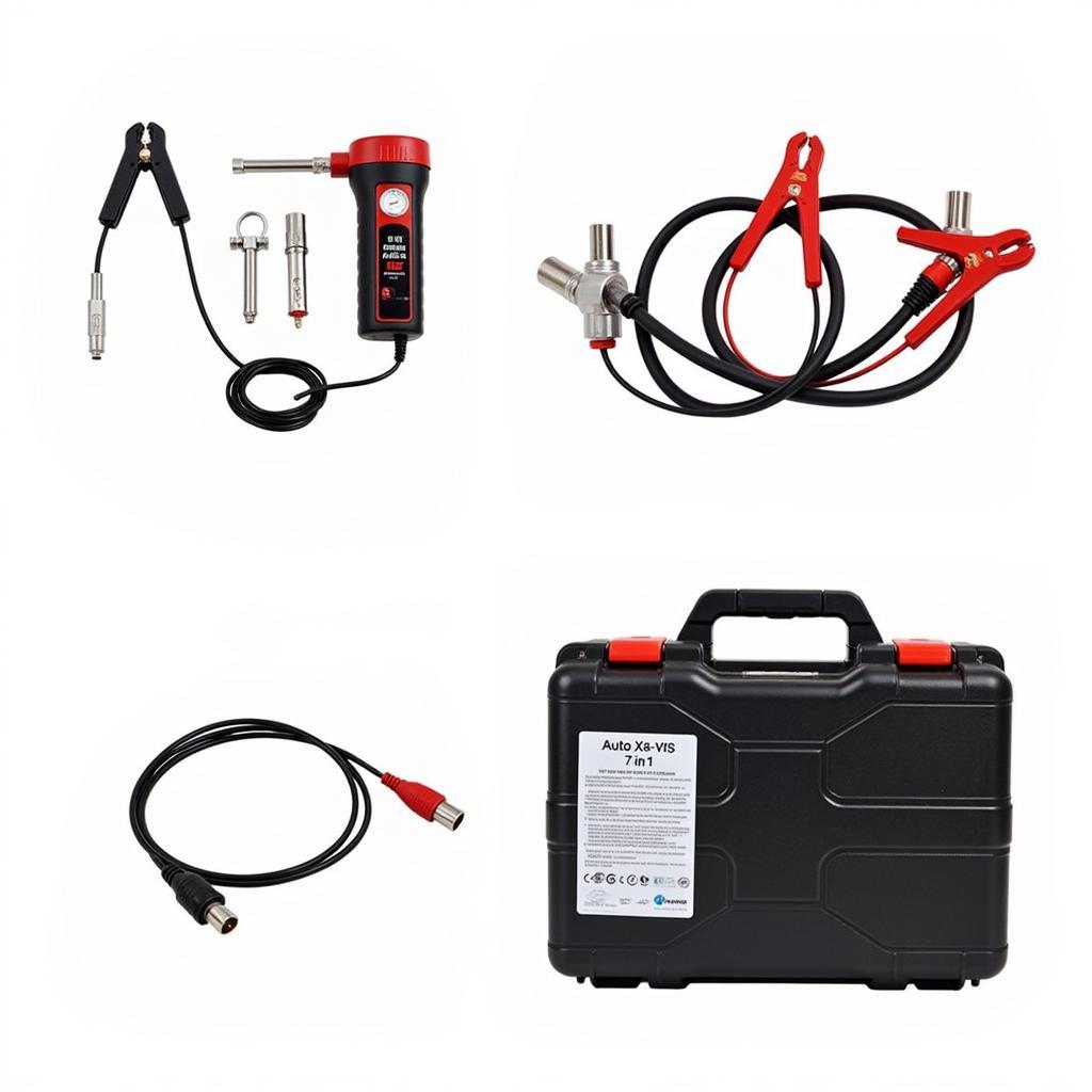 Close-up view of the various components and accessories included with the Auto XS 7-in-1 car emergency power tool.