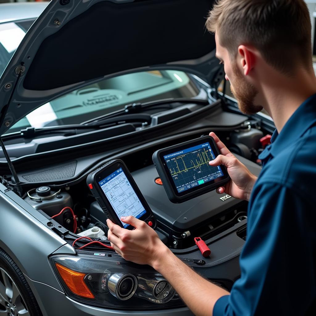 Automotive Diagnostic Tools: A technician working on a car engine using various diagnostic equipment.