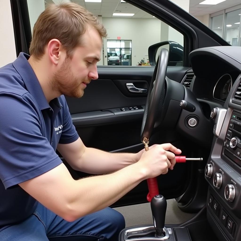 Automotive locksmith practicing car entry techniques