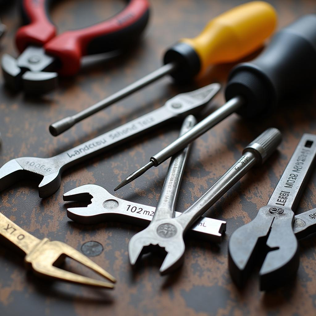 Basic hand tools for car repair including screwdrivers, wrenches, and pliers.