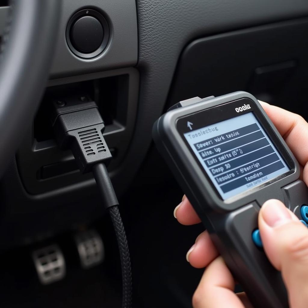 Basic OBD2 Scanner connected to a Nissan car's diagnostic port