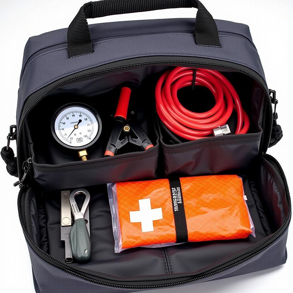 Basic Roadside Emergency Kit with Jumper Cables, Tire Pressure Gauge, and Flashlight