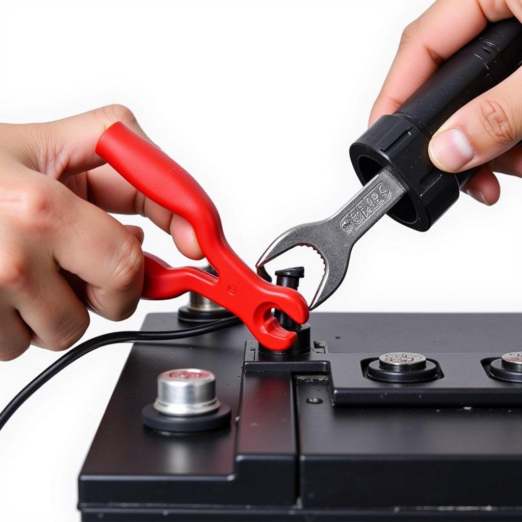 Battery terminal puller and wrench for safe removal of car battery cables.