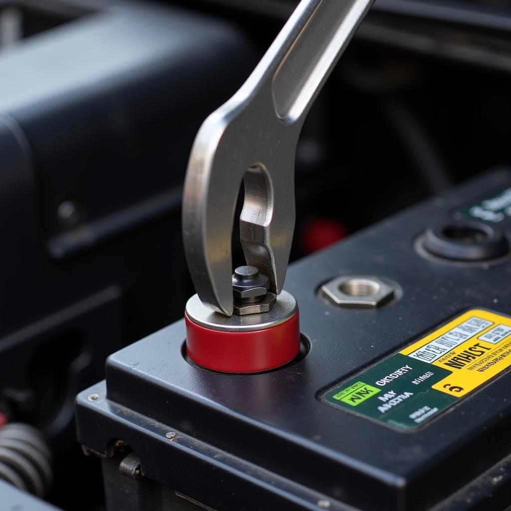 Battery terminal wrench gripping a car battery terminal