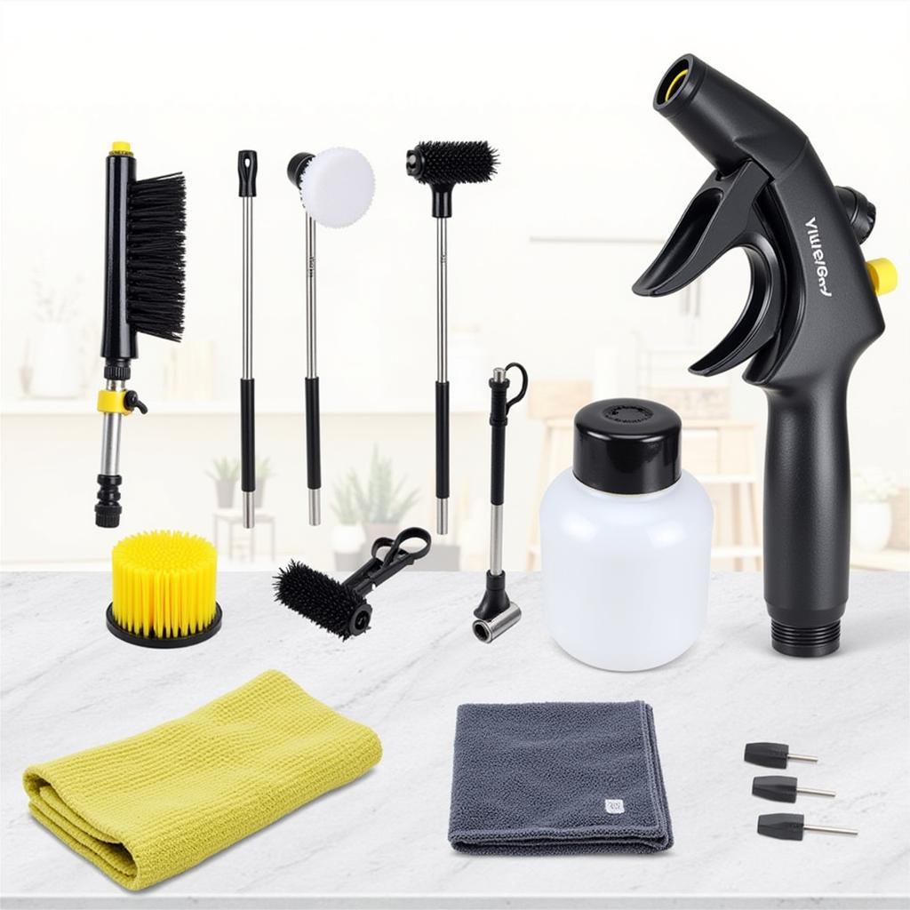 High-quality car wash tools including pressure washer, foam cannon, and detailing brushes.