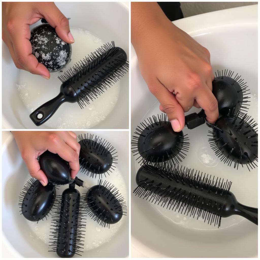 Cleaning black hair care brushes with soap and water.