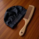 Wide-tooth comb and satin bonnet on a wooden table.