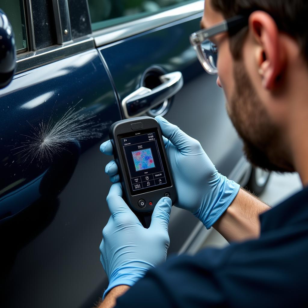 Body shop technician using a skin care diagnostic tool to assess vehicle damage