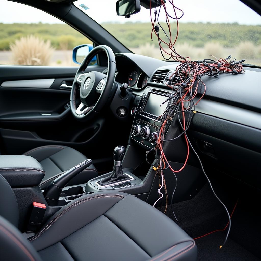 Cluttered car interior with tangled cables distracting the driver and creating a safety hazard