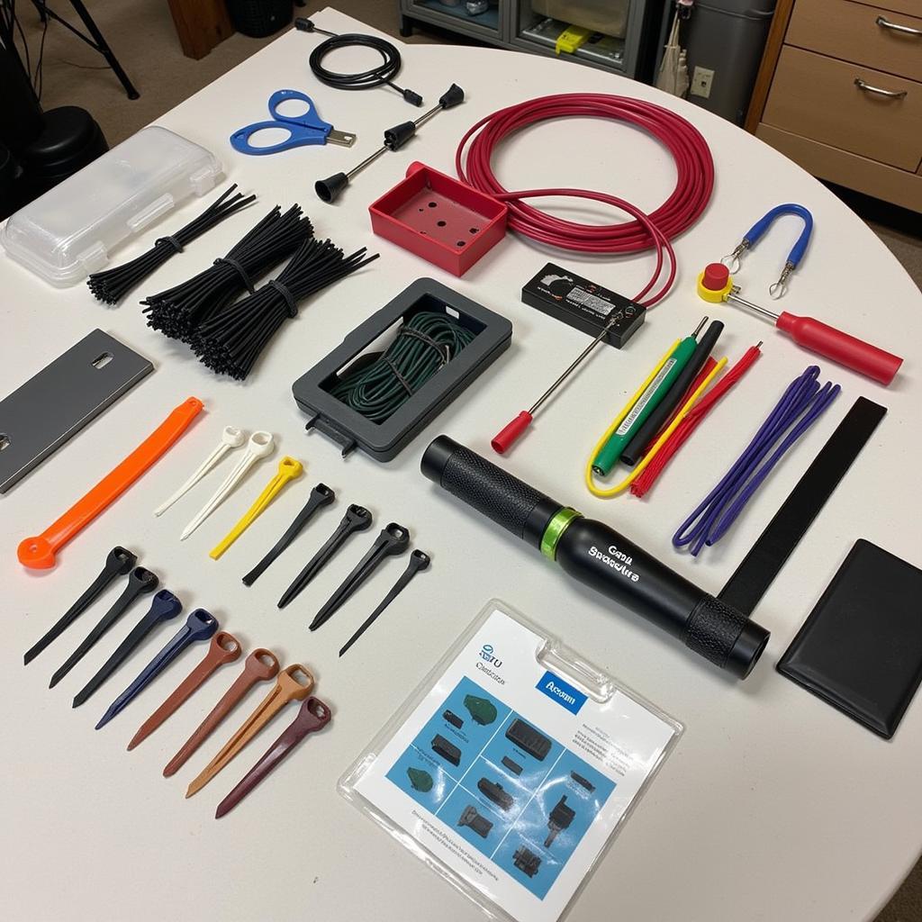 Assortment of cable management tools including ties, loom, clips, and organizers designed for car use