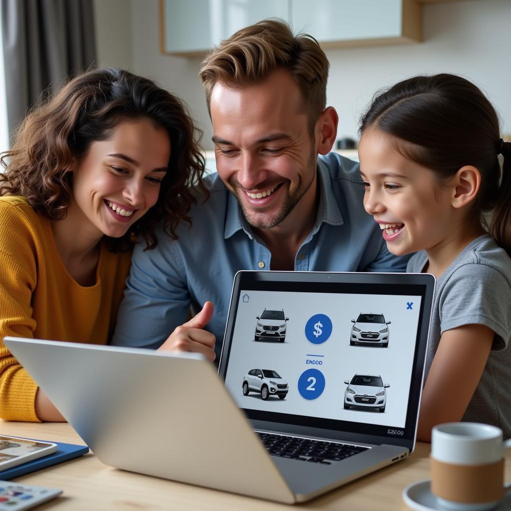 Famille canadienne utilisant un outil de sélection de voiture neuve