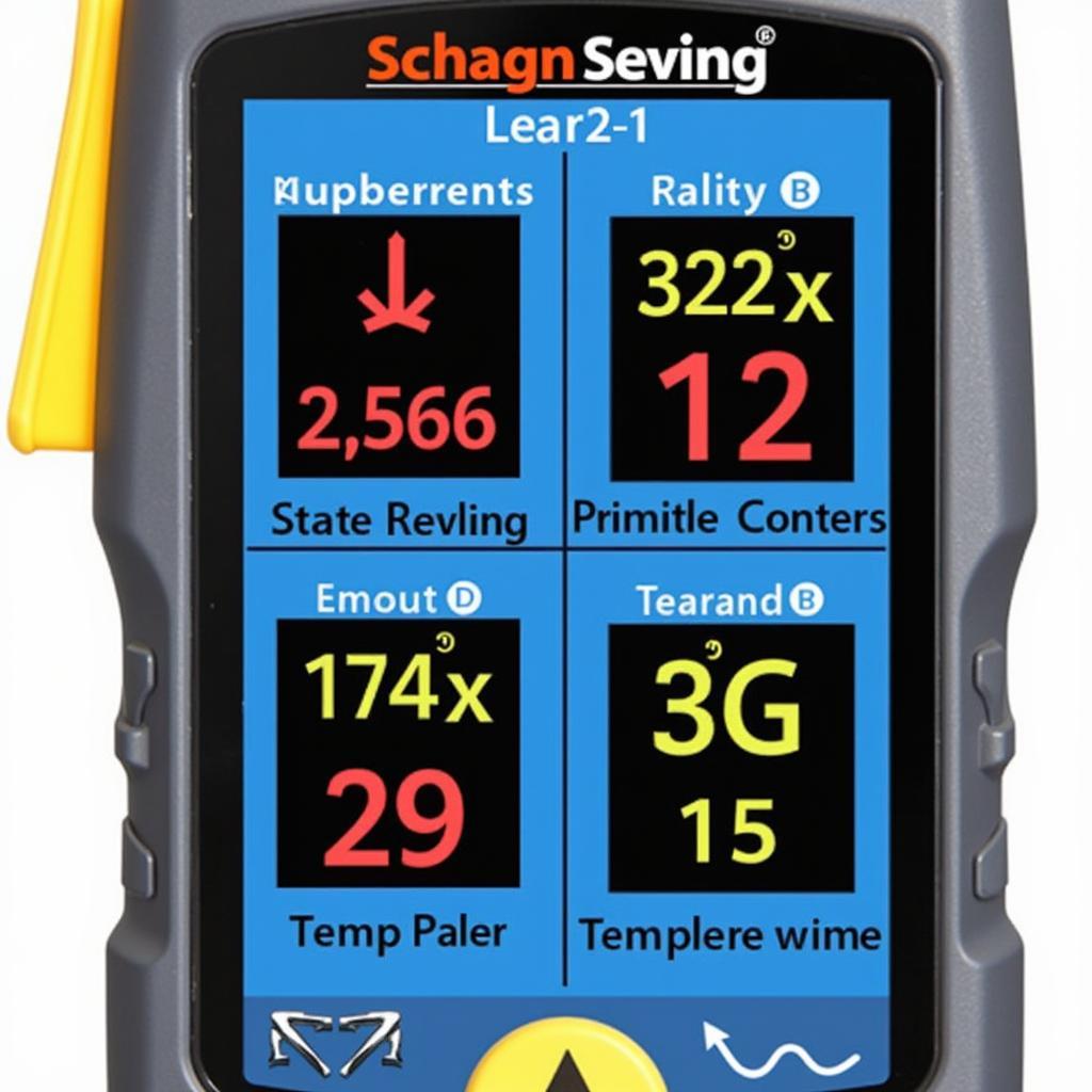 Close-up of a car AC all-in-one diagnostic tool displaying various features and readings