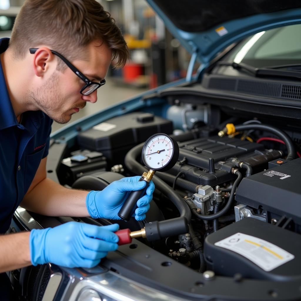 Mechanic Using Diagnostic Tools on Car AC System