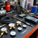 Car Aircon Tools and Equipment Displayed on a Workbench