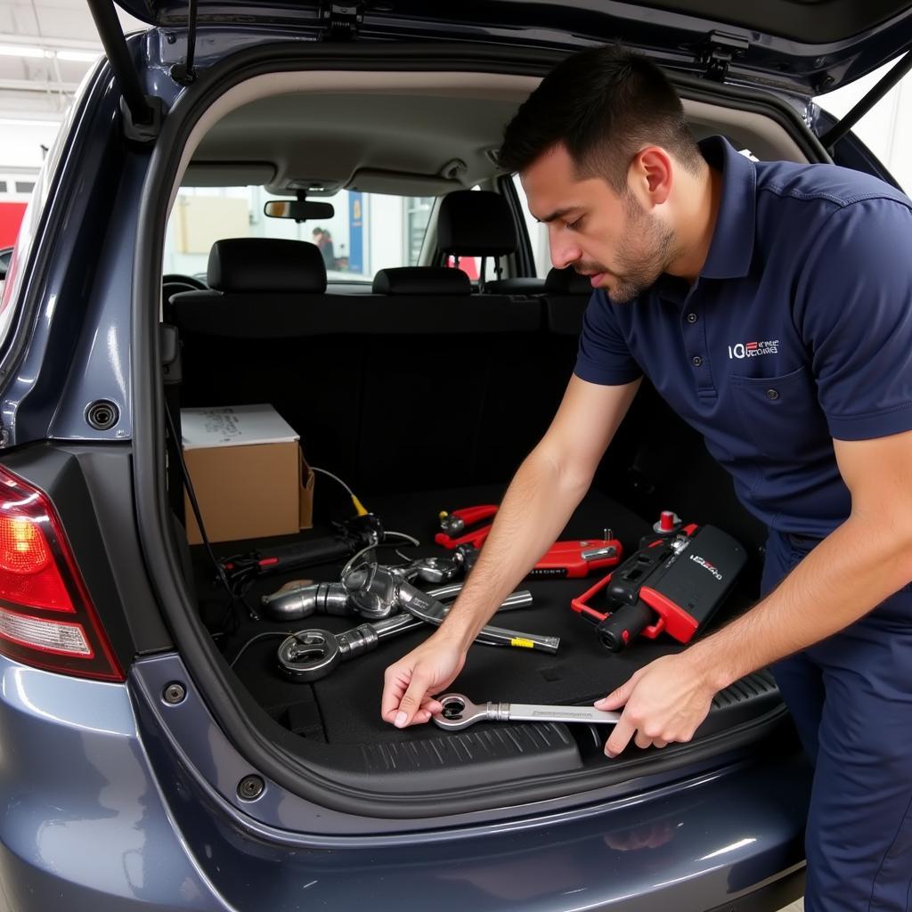 Installing a car alarm system with cargo area sensors to prevent tool theft.