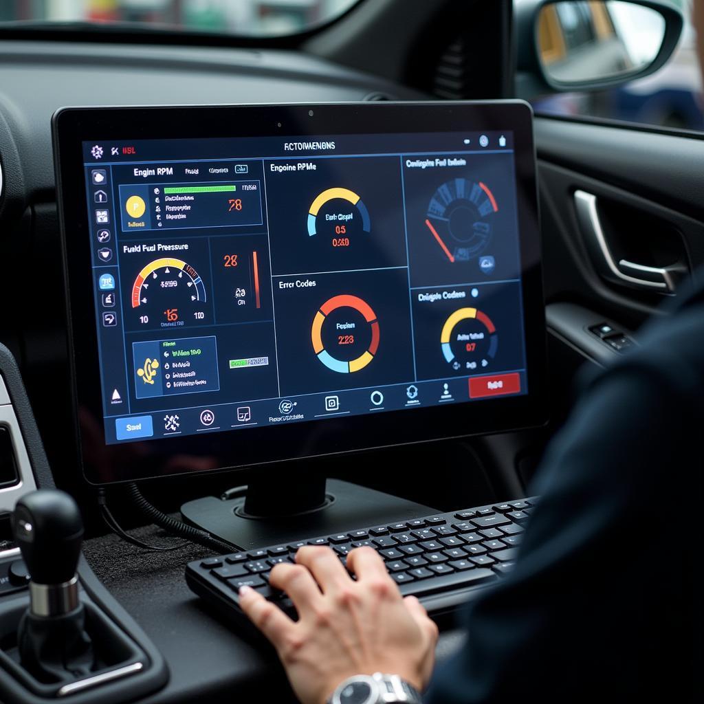 Modern car analysis software interface showing diagnostic data.