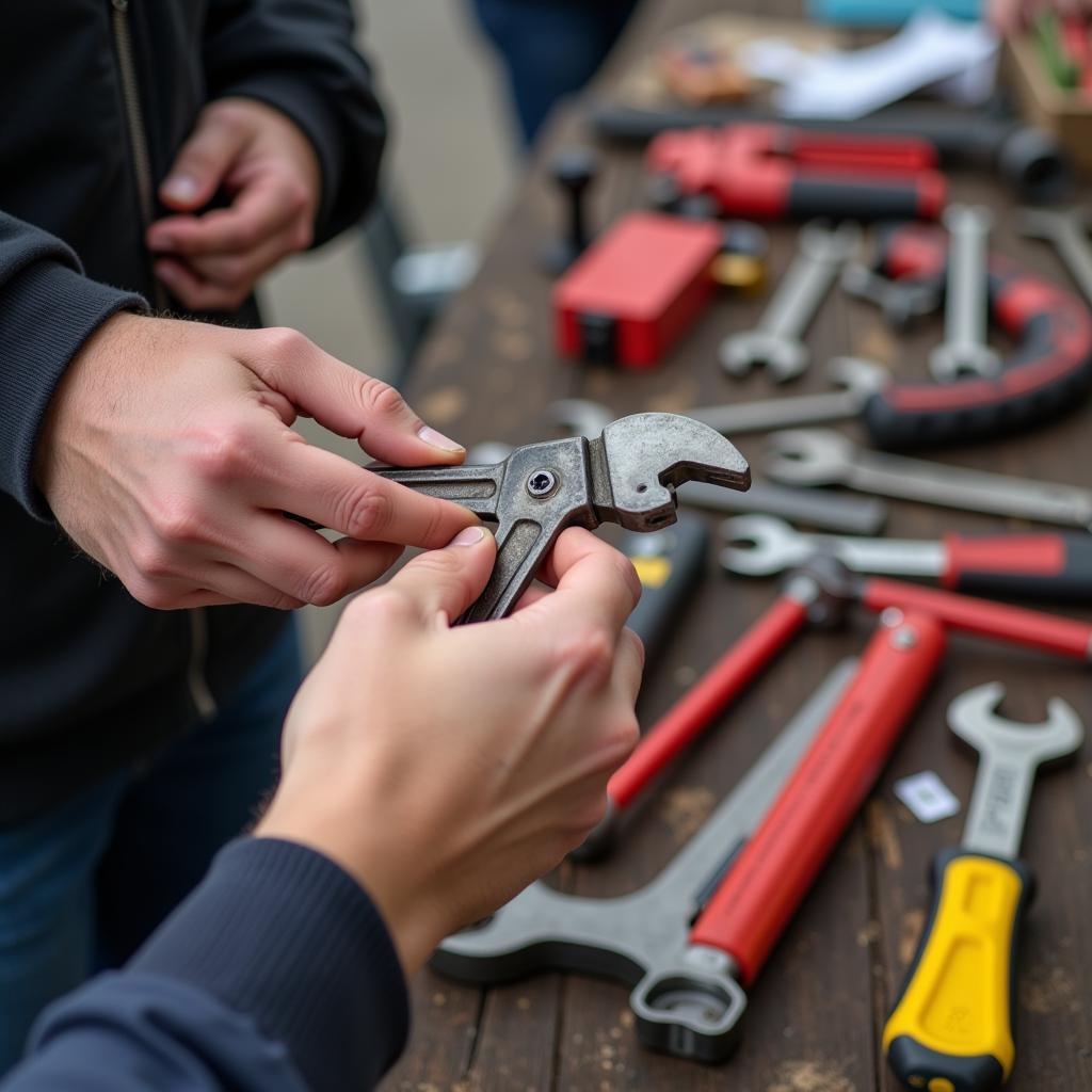 Inspecting hand tools at a car boot sale