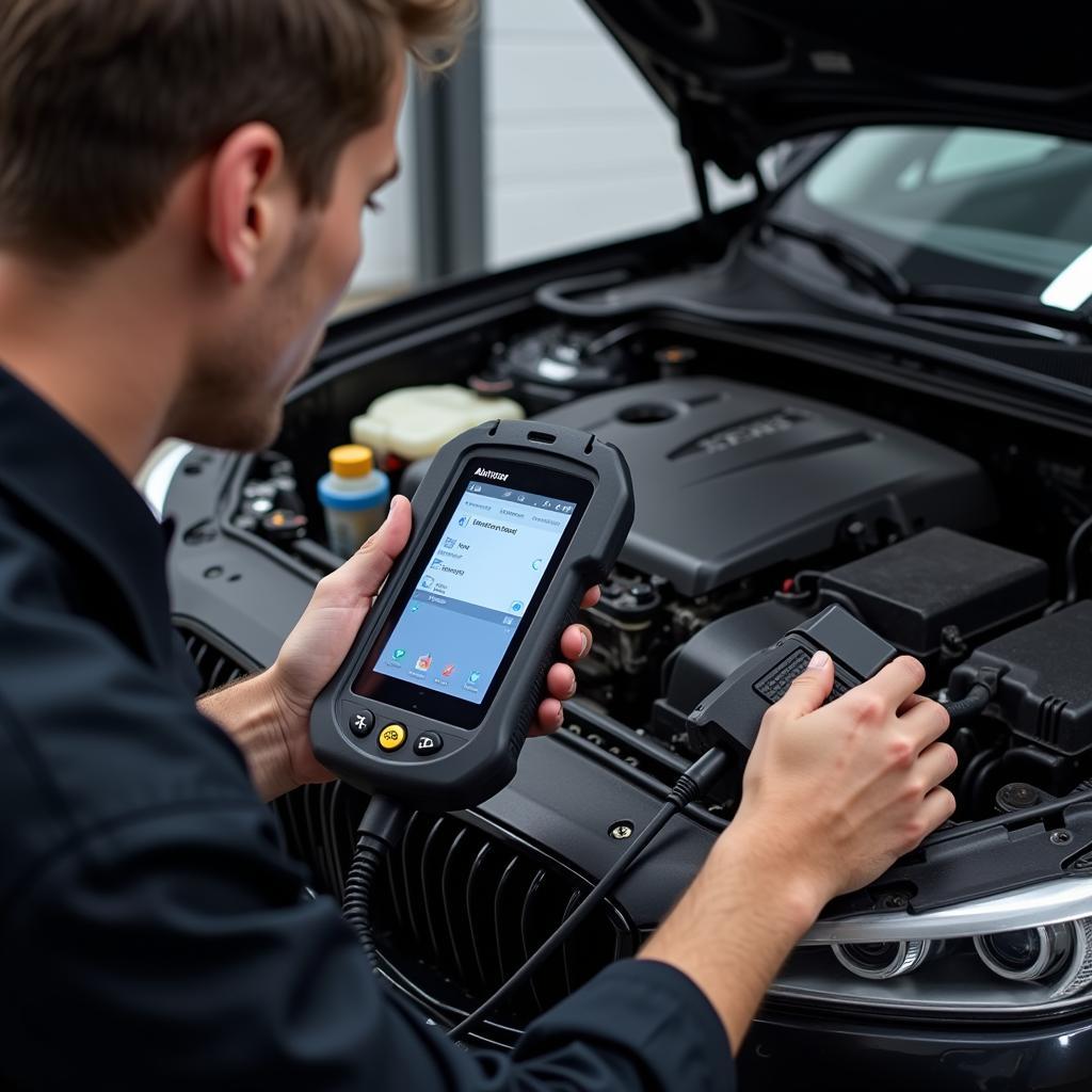 A mechanic using a car code clearing tool 5000 to diagnose a car's engine.