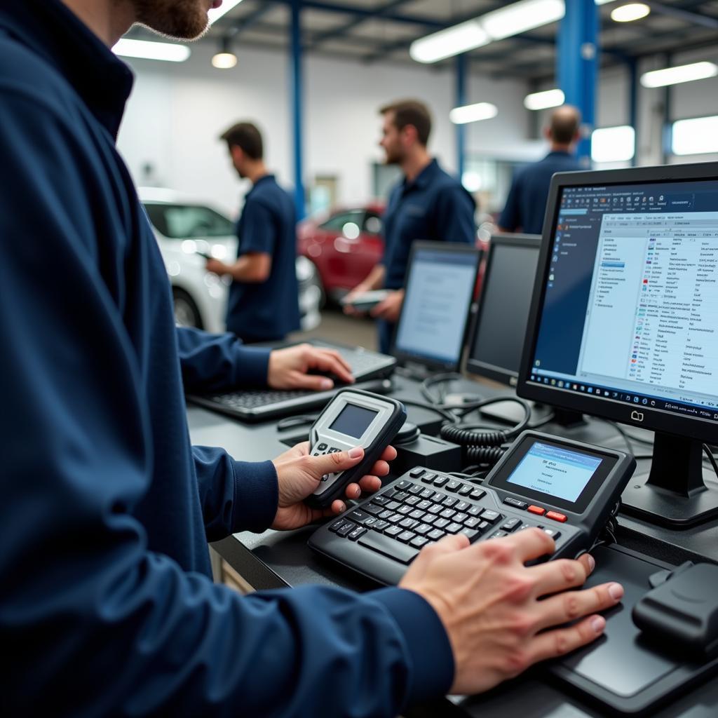 Modern Diagnostic Tools in a Car Dealership Service Bay