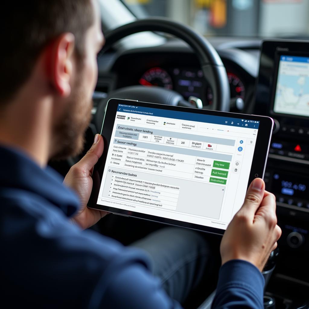 A car diagnostic report displayed on a tablet device.