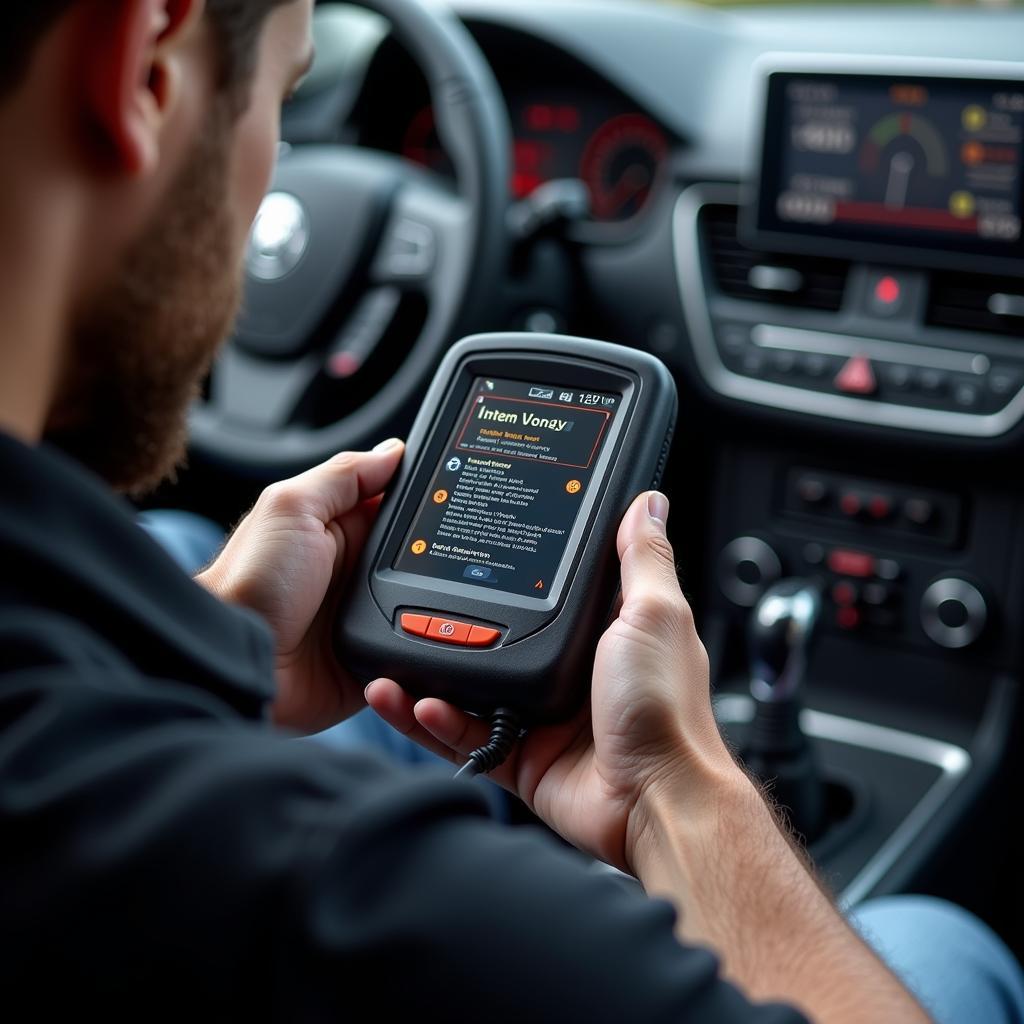 A close-up of a car diagnostic scanner being used.