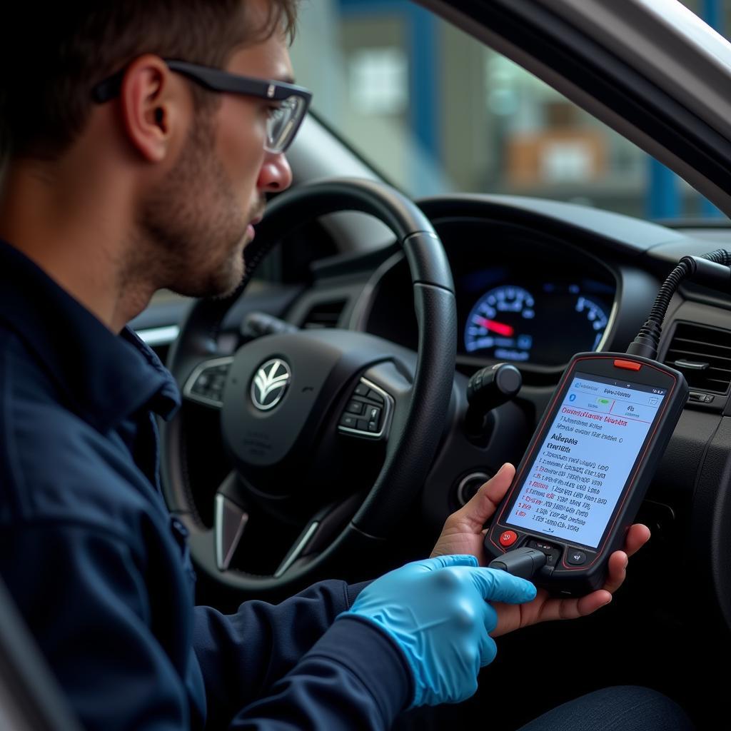 Car Diagnostic Technician Working on Vehicle