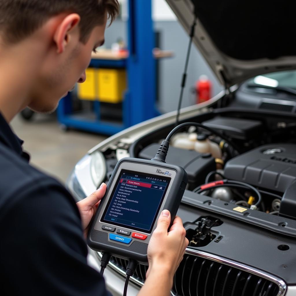 Mechanic using a car diagnostic tool to troubleshoot a vehicle's engine.