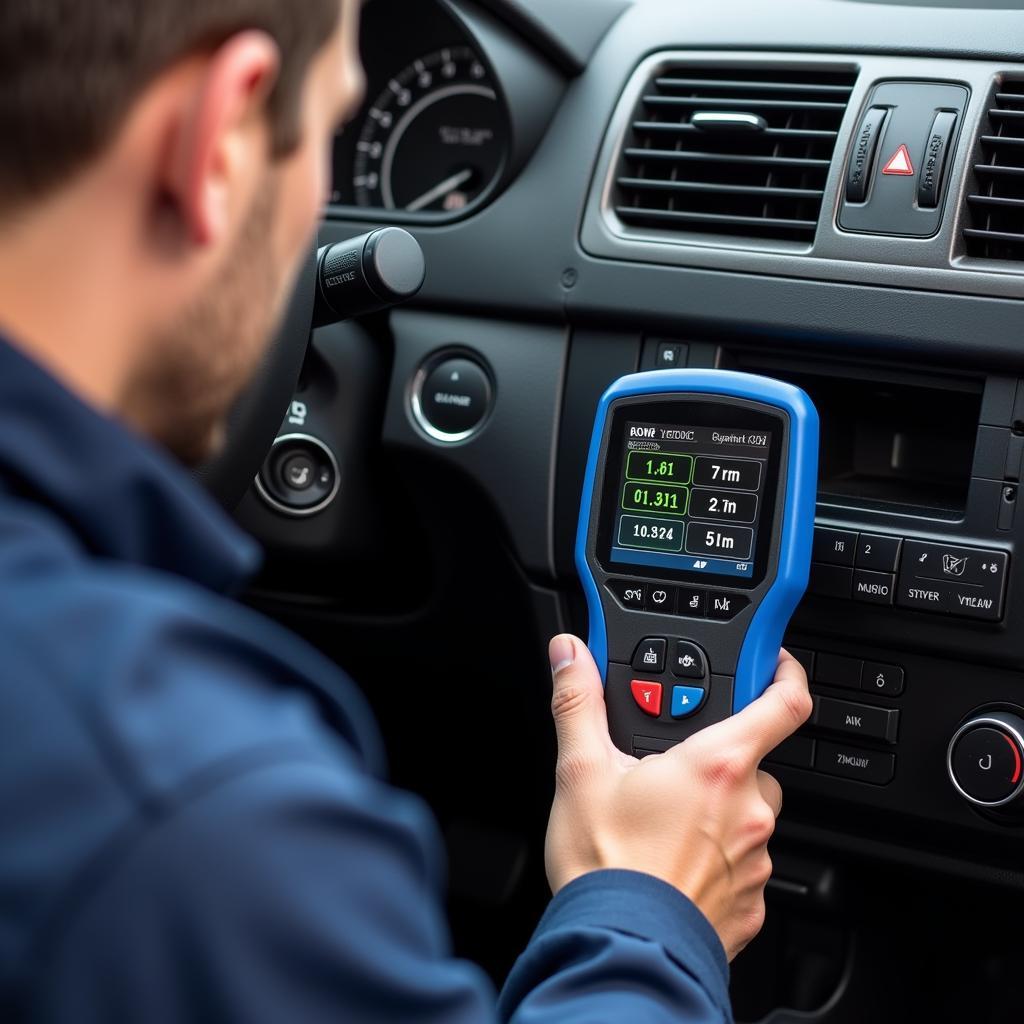 Mechanic using a car diagnostic tool to troubleshoot a vehicle