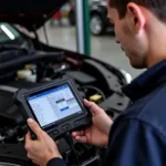 A mechanic using a car diagnostic tool to troubleshoot a vehicle's engine.