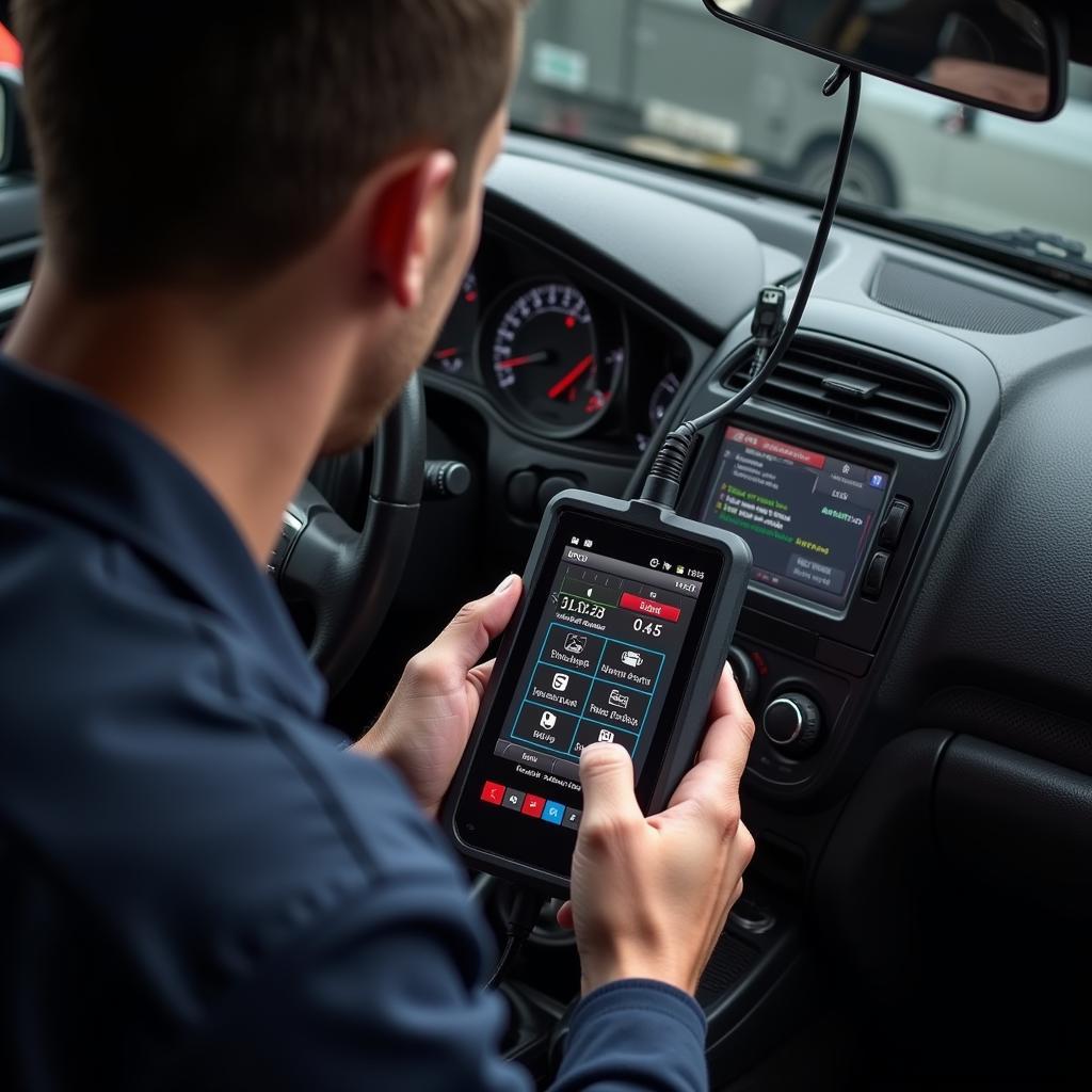 Mechanic using a car diagnostic tool to troubleshoot a vehicle.