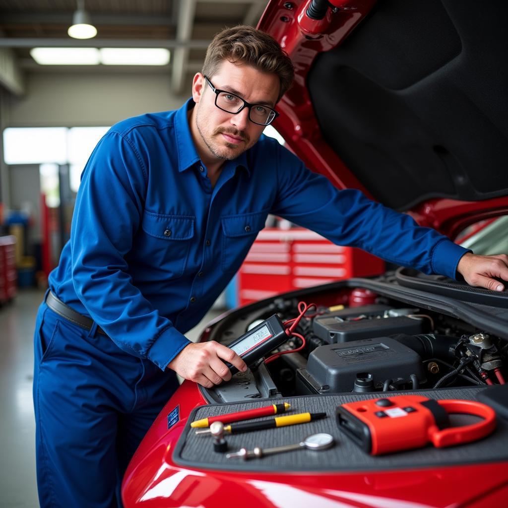 Car Diagnostic Tools in Use: A mechanic uses various diagnostic tools to troubleshoot a car engine, including an OBD-II scanner, multimeter, and pressure gauge.