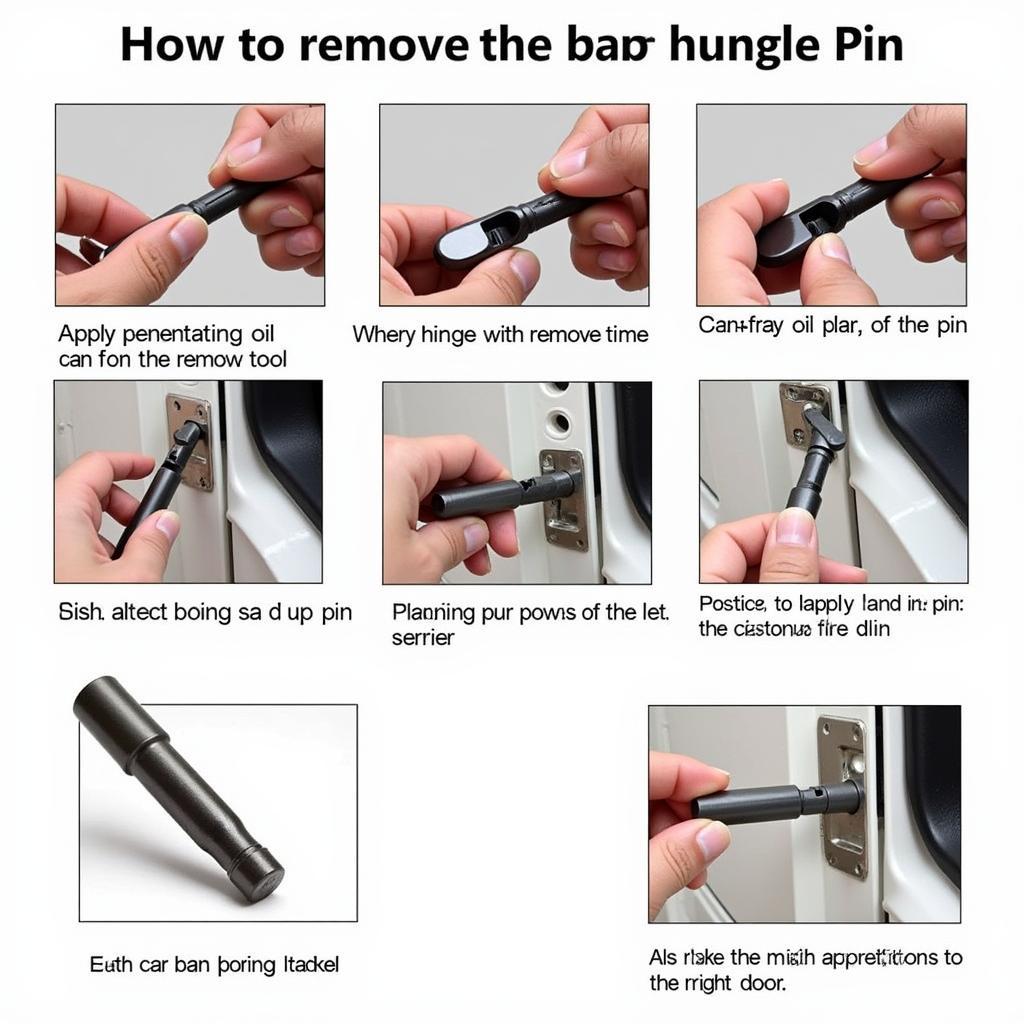 Step-by-step process of removing a car door hinge pin using a specialized tool.