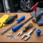 Car door lockout tools kit including wedges, long reach tools, and inflatable pump.