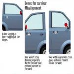 Car Door Misalignment Issues: Examples of a sagging door, a door that won't close properly, and a door with uneven gaps.