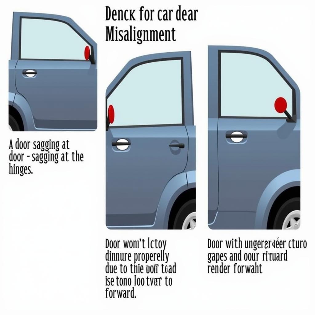 Car Door Misalignment Issues: Examples of a sagging door, a door that won't close properly, and a door with uneven gaps.