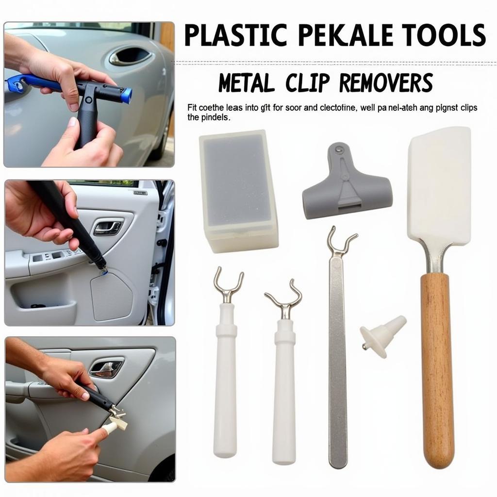 Close up view of a car door panel removal tool kit, displaying various plastic pry tools and metal clips removers.