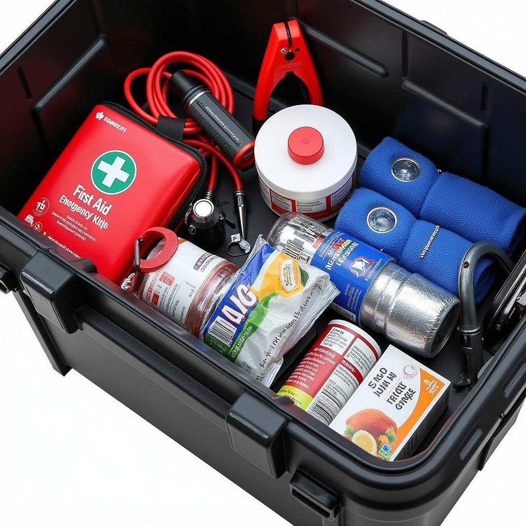 Car Emergency Kit Essentials: An assortment of essential items for a car emergency kit, including a first aid kit, flashlight, jumper cables, and multi-tool.